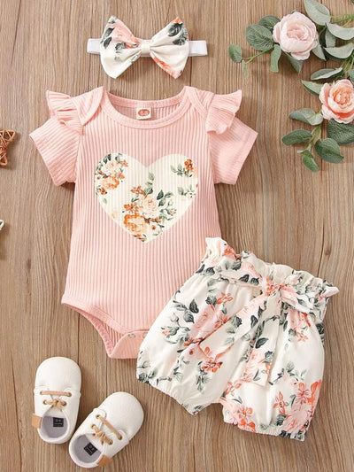 Baby Floral & Heart Print Ruffle Trim Bodysuit & Belted Shorts & Headband