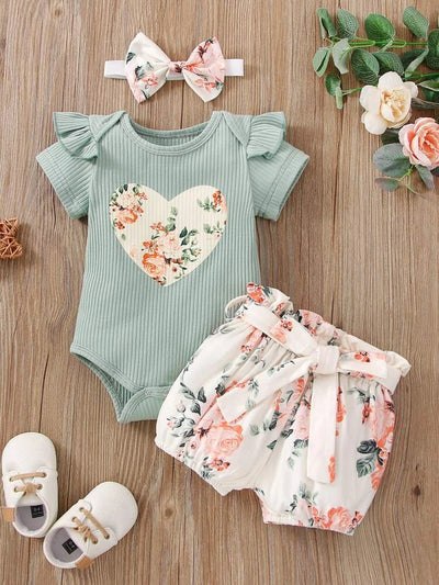 Baby Floral & Heart Print Ruffle Trim Bodysuit & Belted Shorts & Headband